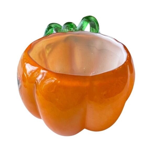 Hand Blown Art Glass Deco Pumpkin Bowl Vase Planter Swirl NWT - Picture 3 of 14